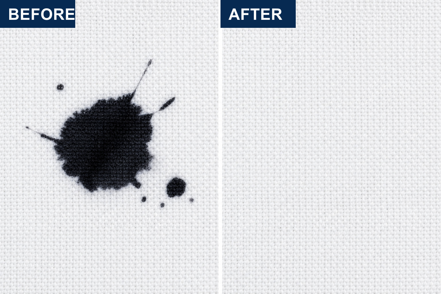 Before and after black ink stain removal on white fabric with LVX Ultra.