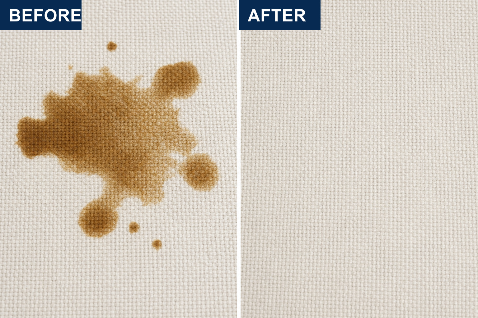 Before and after coffee stain removal on fabric with LVX Ultra.