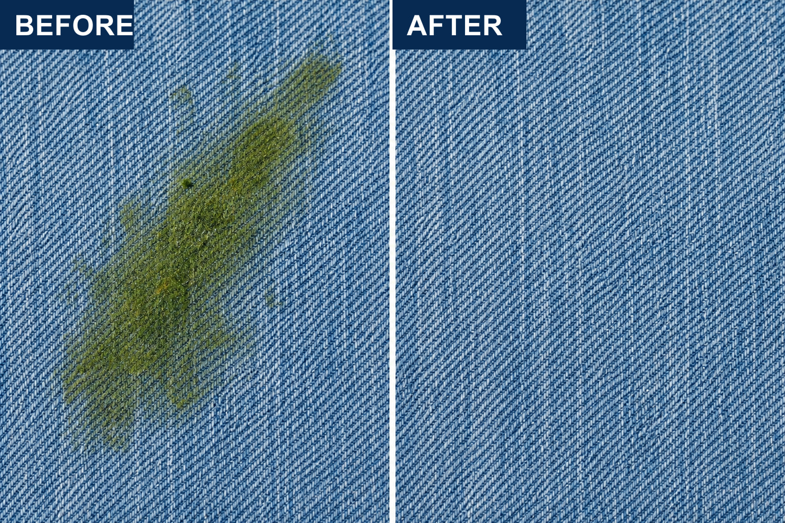 Before and after grass stain removal on blue fabric with LVX Ultra.