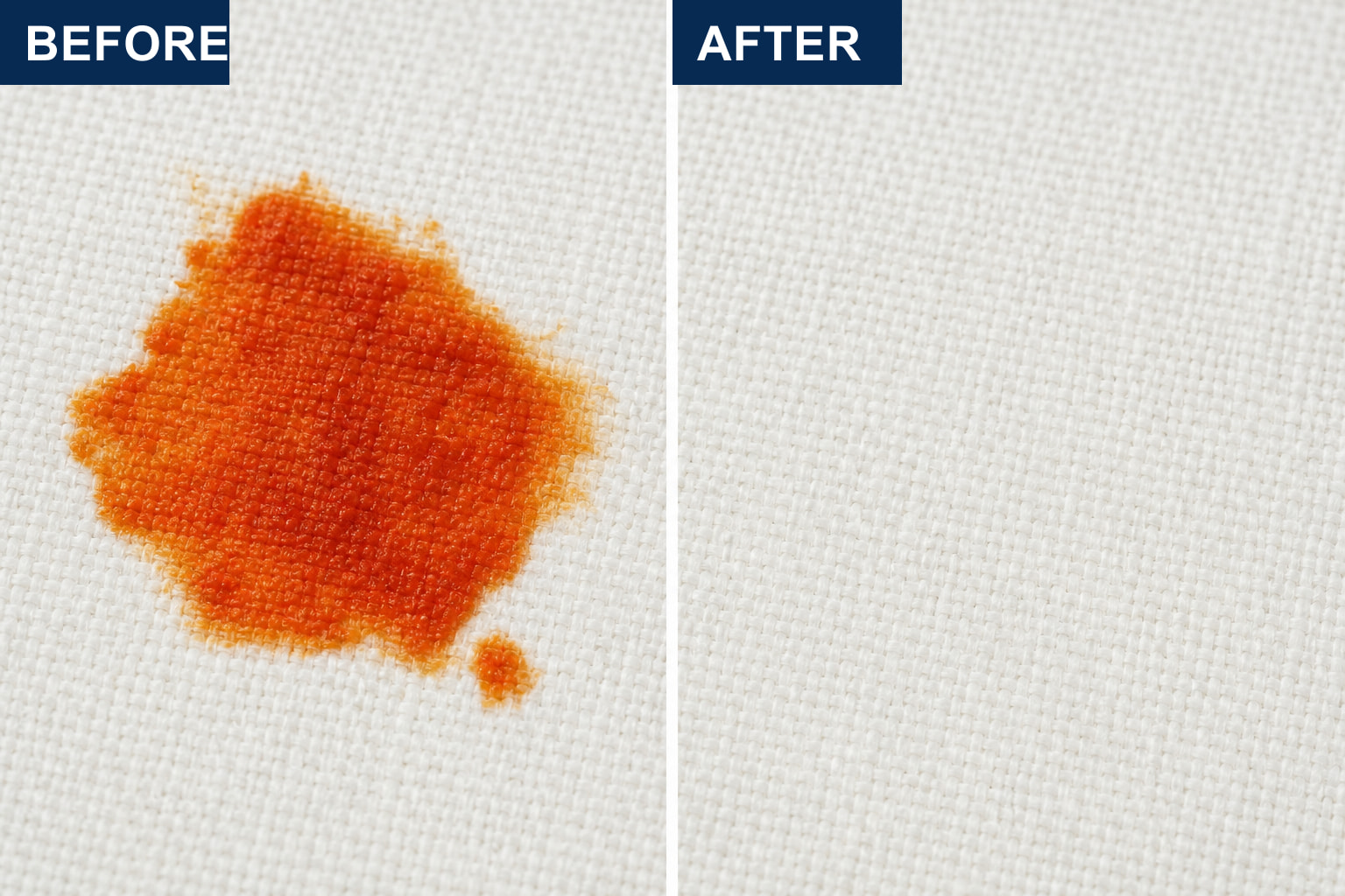 Before and after iodine stain removal on white fabric with LVX Ultra.