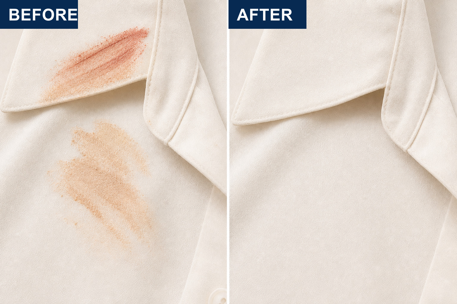 Before and after makeup stain removal on light clothing with LVX Ultra.