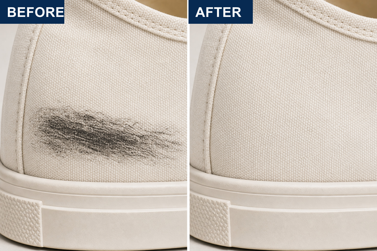 Before and after shoe polish stain removal on light canvas with LVX Ultra.