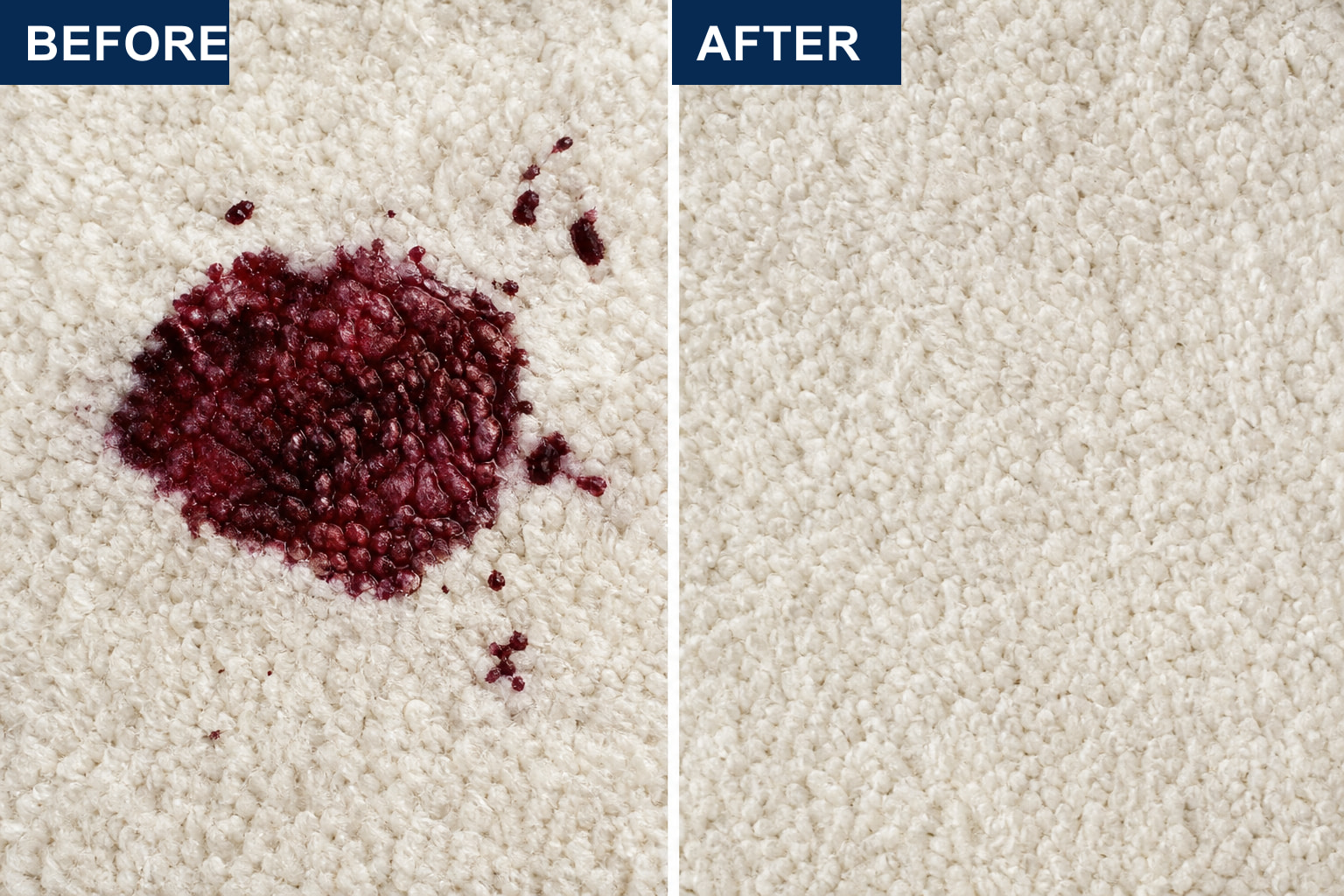 Before and after red wine stain removal on carpet with LVX Ultra.